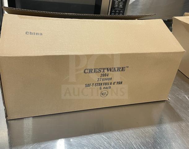 Box for Crestware SAF-T-STAK 4" deep anti-jam hotel pan, brand new, stainless steel, 22 gauge, 6 pans per case.