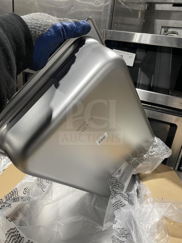 BRAND NEW Crestware stainless steel full-size anti-jam hotel/steamtable pan, 4" deep, Model: SAF-T-STAK, in original packaging.