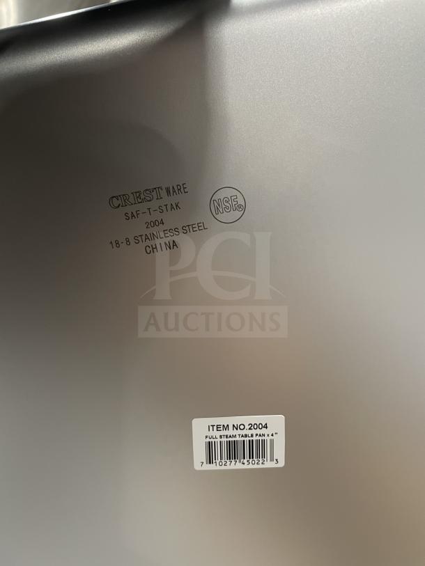 Crestware SAF-T-STAK 4" deep stainless steel steamtable pan, anti-jam, full-size, item 2004, brand new, NSF certified.