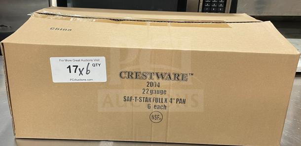Crestware SAF-T-STAK stainless steel full-size 4" deep anti-jam pan, model 2004, in original packaging, quantity 6.