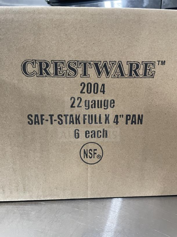 Crestware SAF-T-STAK 4" deep stainless steel pan, anti-jam, 22 gauge, NSF certified, 6 in pack, new condition.