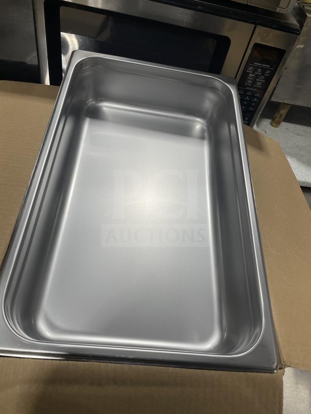 Brand new Crestware SAF-T-STAK stainless steel full-size anti-jam hotel pan, 4" deep, commercial quality.