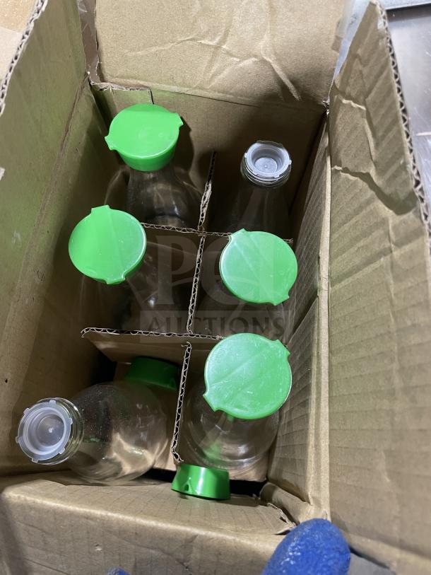 Box of Town commercial 6oz glass soy sauce bottles with green caps, SN: 843784003849, new condition.