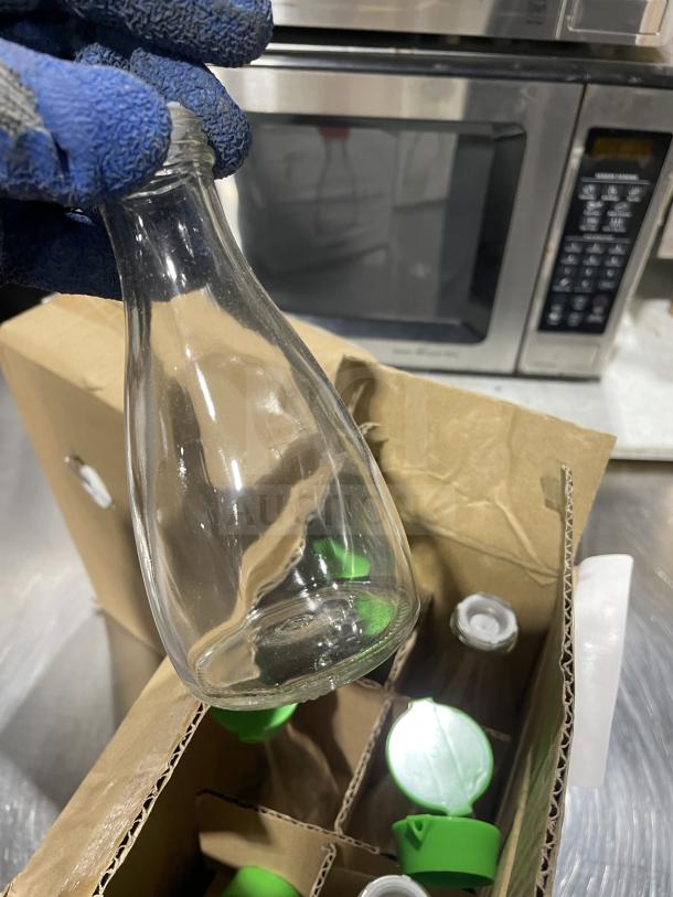 Town Commercial 6oz Glass Soy Sauce Bottle, new condition, clear glass with green caps, in original packaging.