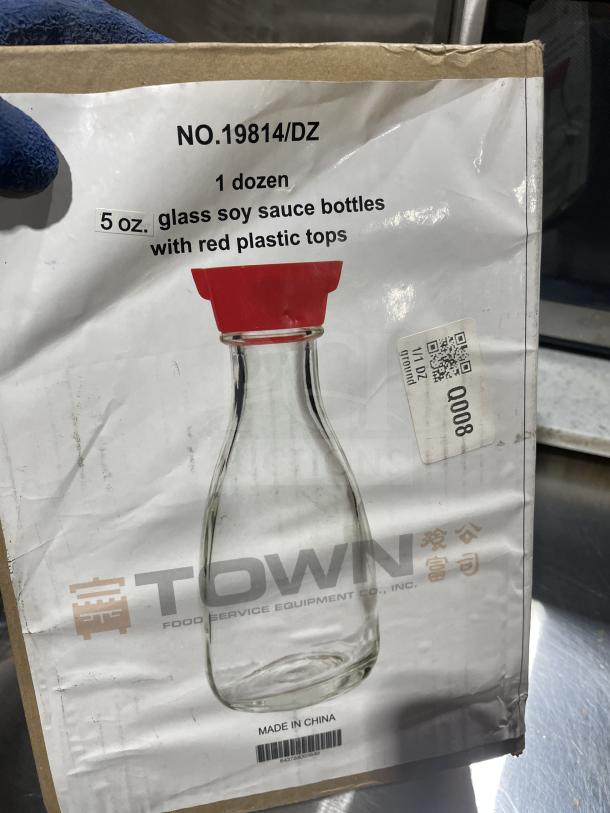 Town Commercial Food Service 5oz glass soy sauce bottles with red plastic tops, model NO.19814/DZ, 1 dozen pack.