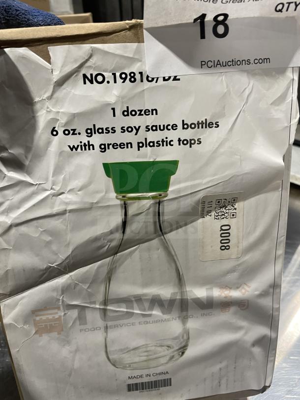 Town commercial 6oz glass soy sauce bottles, green tops, 1 dozen, model NO.19816/DZ, new condition, original packaging.