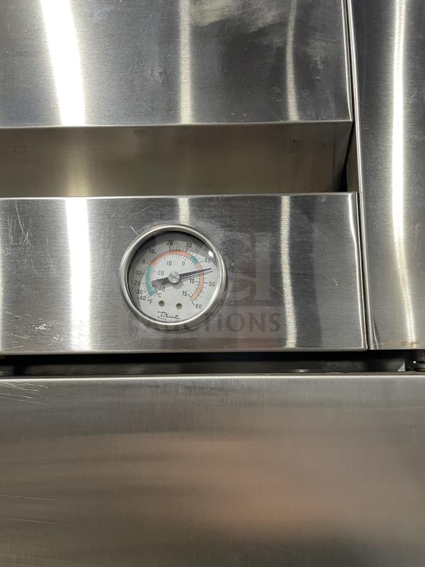 True T-49F stainless steel 2-door freezer with thermometer, Energy Star certified, poly-coated wire racks, 115V, 1 Phase.