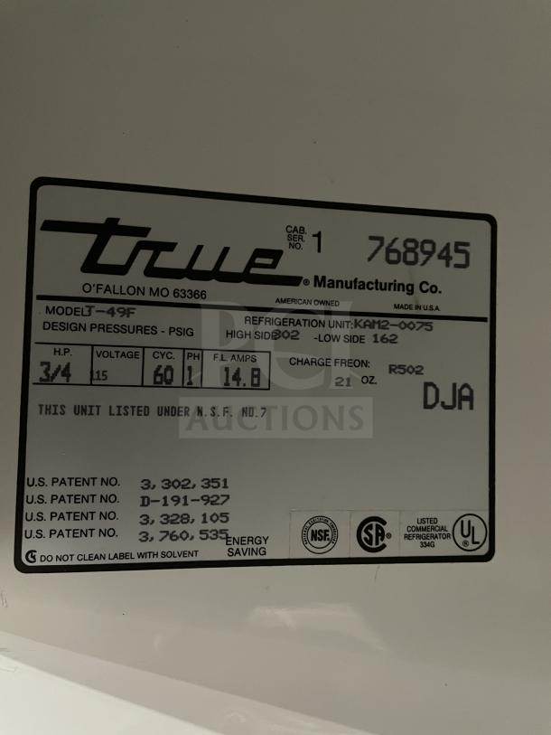 True T-49F commercial stainless steel freezer label, Model: T-49F, SN: 768945, 115V 1 Phase, NSF and Energy Star certified.