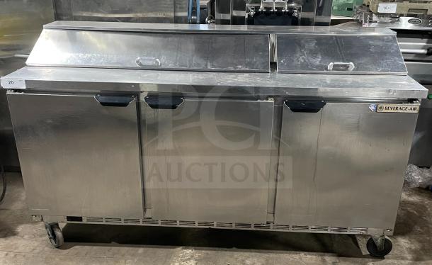 Beverage Air SPE72HC-18 stainless steel pizza prep table, 3-door refrigerator, on casters, commercial use. Model SPE72HC-18.