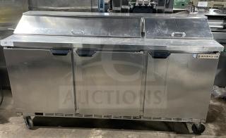 Beverage Air SPE72HC-18 stainless steel pizza prep table, 3-door refrigerator, on casters, commercial use. Model SPE72HC-18.