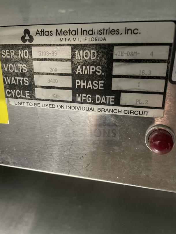 Atlas WIH-D&M-4 steam table label showing serial no. 5103-99, 208V, 3400W, 1 phase, 16.3 amps, made by Atlas Metal Industries.