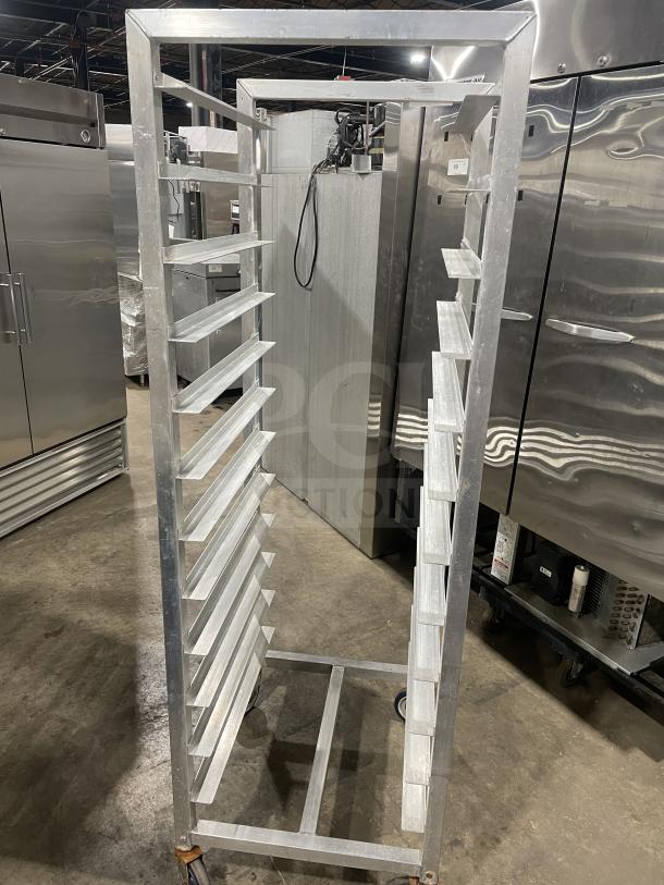 Alexander Industries aluminum 12-pan sheet rack on casters, commercial grade, heavy duty, excellent condition.