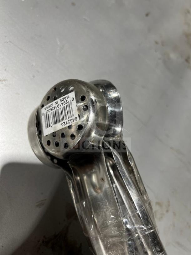 Vollrath Jacob's Pride stainless steel perforated spoodle, model 34118VJ, with black grip handle; barcode visible.