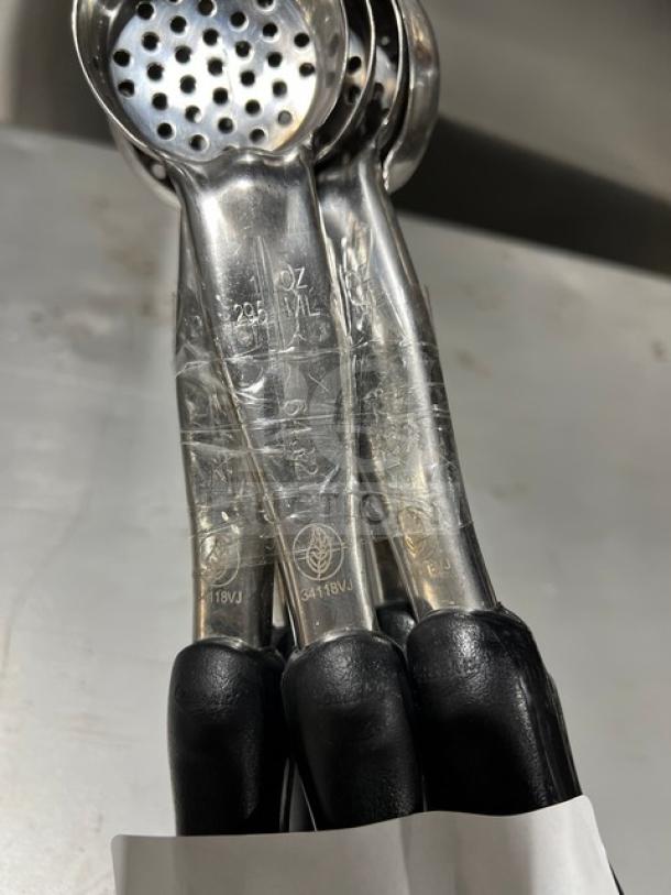 Vollrath Jacob's Pride 1 Oz. perforated spoodle, model 34118VJ, stainless steel with black grip handle, new condition.