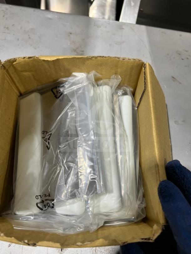 Brand new Jimmy John's commercial stainless steel dough scrapers with white grip handles, packaged in original box.