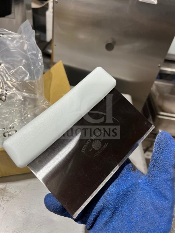 Brand new Jimmy John's commercial stainless steel dough scraper/cutter with white grip handle.