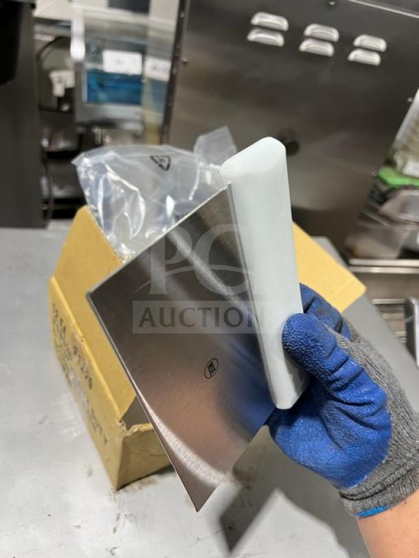 Brand new Jimmy John's style stainless steel dough scraper with white grip handle. Commercial quality.