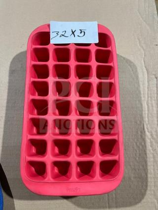 Red Lekue silicone ice cube tray with 32 compartments, marked "32X5." Made from durable silicone for easy ice removal.