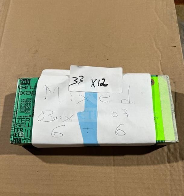 Sysco stainless steel steak knife set with blue Ergogrip handles. Box labeled "Mixed Box of 6 + 6," marked "32 X12."