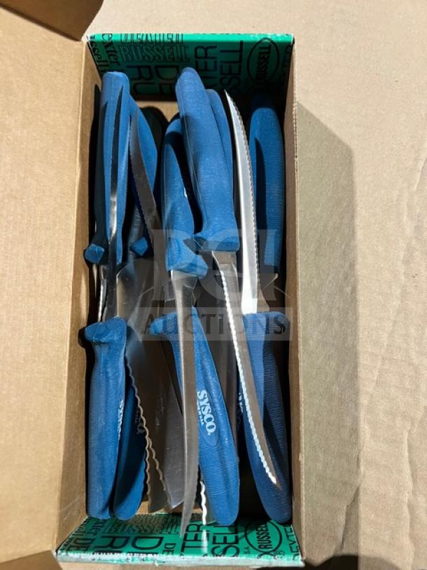 Sysco steak knives with blue Ergogrip handles, stainless steel, set of 12, new in box, visible Sysco brand markings.