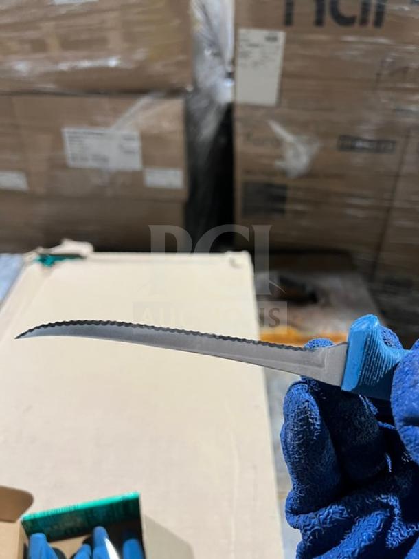 Sysco commercial stainless steel steak knife with blue Ergogrip handle, serrated edge, excellent condition.