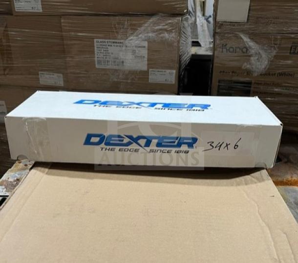 Brand new Dexter commercial stainless steel knife in box, black grip handle, model 341 x 6, white and blue packaging.