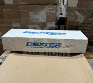 Brand new Dexter commercial stainless steel knife in box, black grip handle, model 341 x 6, white and blue packaging.