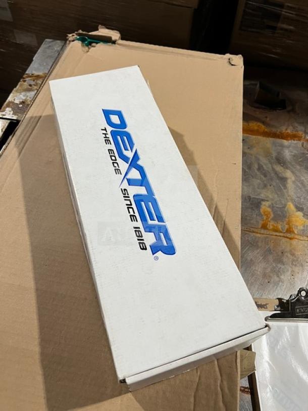 Brand new Dexter commercial stainless steel knife in box, featuring a black grip handle. Box labeled "Dexter The Edge Since 1818."