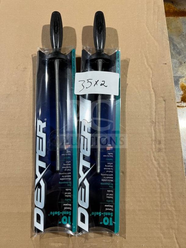 NEW Dexter Sani-Safe 10" stainless steel diamond sharpeners in original packaging, with black handles. Marking reads "35x2."