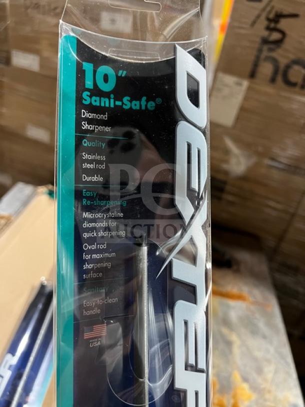 Dexter Sani-Safe 10" Diamond Sharpeners in packaging, featuring stainless steel rod and microcrystalline diamonds for sharpening.