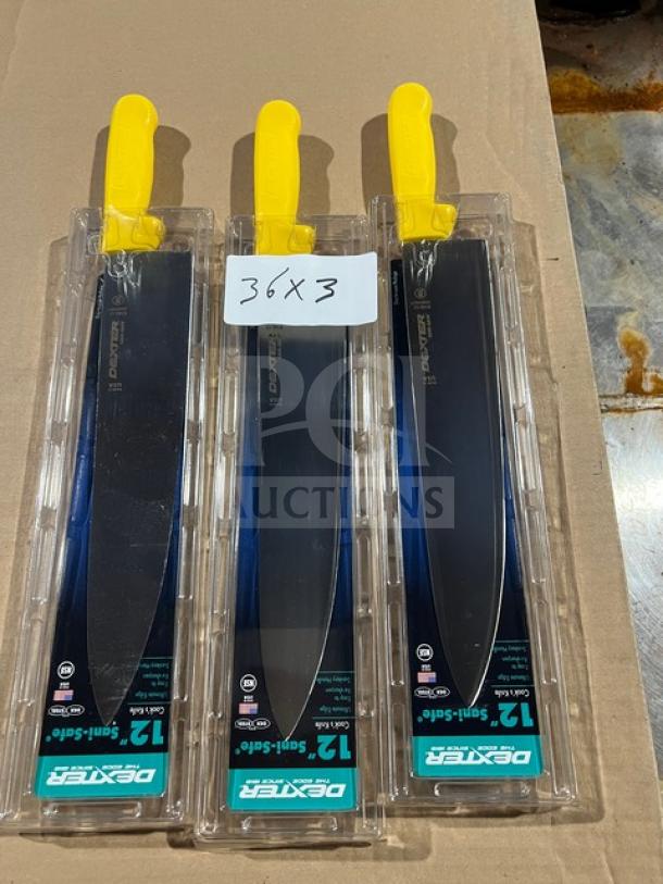 Three brand new Dexter Russell Sani-Safe 12" cimeter steak knives, yellow handles, model S151PCP, in packaging.