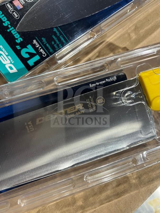 Brand new Dexter Russell Sani-Safe 12" cimeter steak knife, stainless steel, yellow handle, Model S151PCP, in packaging.