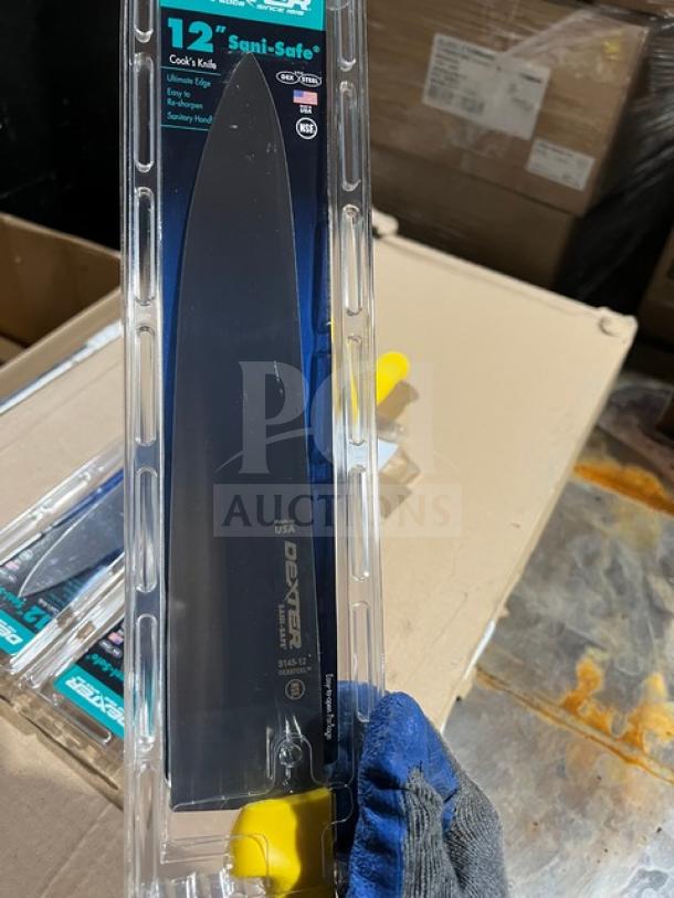 Brand new Dexter Russell Sani-Safe 12" cimeter steak knife, stainless steel blade, yellow grip handle, model S151PCP.