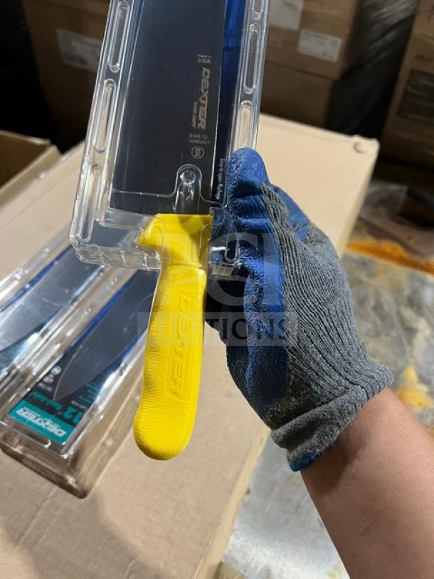 Brand new Dexter Russell Sani-Safe 12" cimeter steak knife, model S151PCP, stainless steel, yellow grip handle.