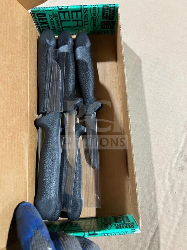Dexter Russell Sani-Safe stainless steel paring knives, model 26383, with black grip handles in a box. New condition.