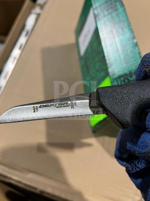 NEW Dexter Russell Sani-Safe Paring Knife, Model 26383, stainless steel blade, black grip handle, brand markings visible.