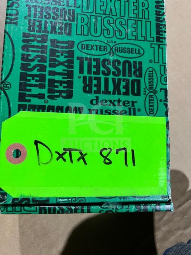 Dexter Russell S254 stainless steel offset spatula with orange grip, new in box, green DXT RUSSELL packaging, tag marked "Dxtx 871".