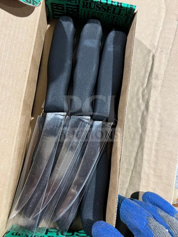 Dexter Russell Sani-Safe Series stainless steel boning knives, model ST131-5, with black grip handles, new condition.