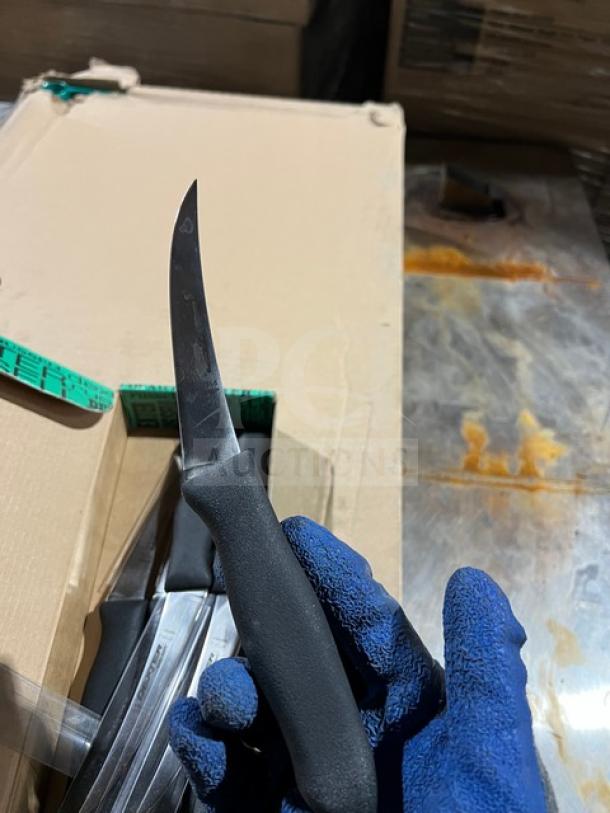 Dexter Russell Sani-Safe Series 6" curved boning knife, model ST131-5, with black grip handle, stainless steel blade.