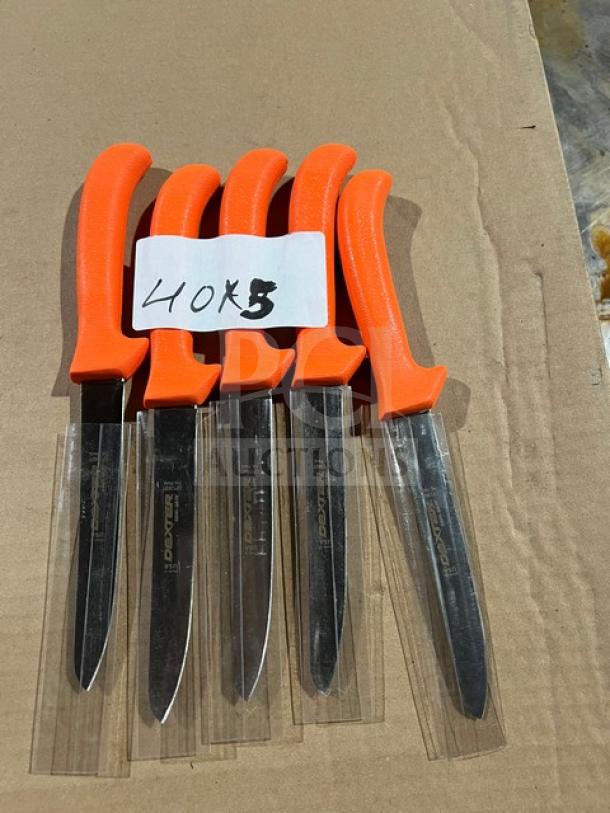 Five Dexter Russell Sani-Safe Series 6'' deboning knives, model EP136ST, with orange grip handles, on display.