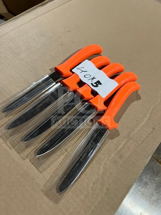 Dexter Russell Sani-Safe EP136ST deboning knives, stainless steel blades, orange grip handles, shown in set of five.
