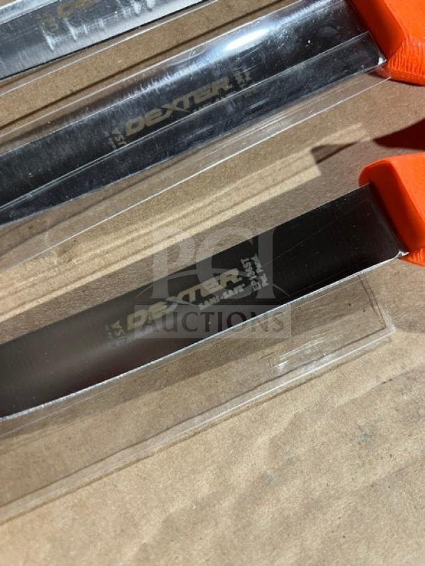 Dexter Russell Sani-Safe Series 6'' deboning knife, model EP136ST, with orange grip handle, stainless steel blade.