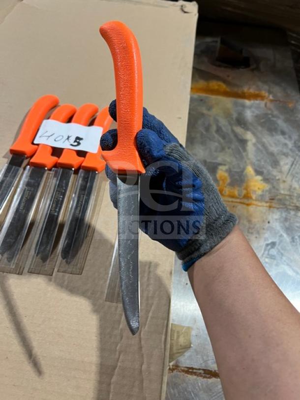 Dexter Russell Sani-Safe 6" deboning knife, model EP136ST, with orange grip and stainless steel blade, excellent condition.