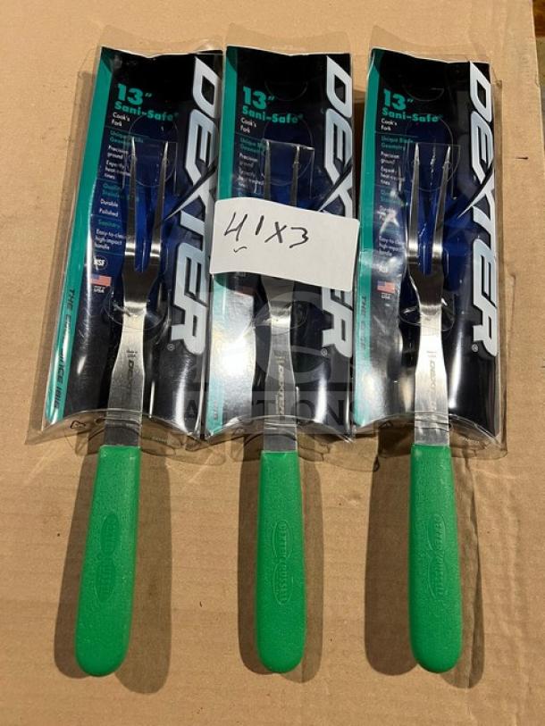 Dexter Russell Sani-Safe Series stainless steel 13" cook's fork, model S121-PCP, with green grip handle, new in packaging.