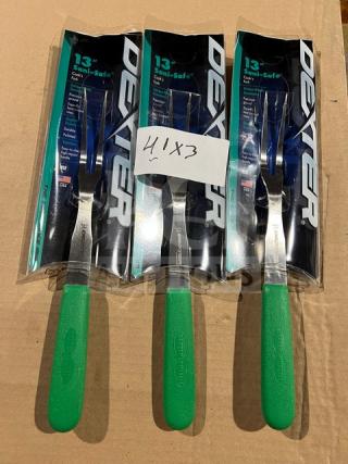 Dexter Russell Sani-Safe Series stainless steel 13" cook's fork, model S121-PCP, with green grip handle, new in packaging.