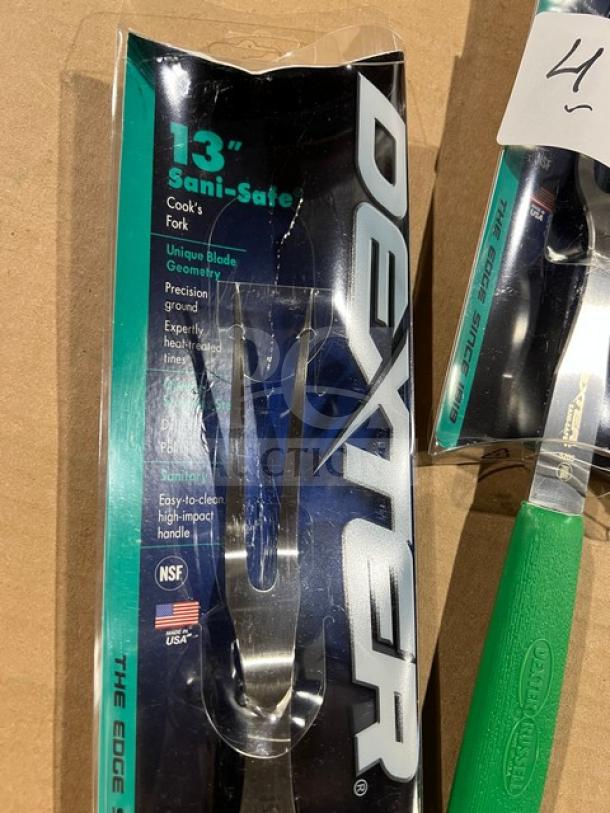 Dexter Russell Sani-Safe 13'' Cook's Fork, Model S121-PCP, stainless steel with green grip handle, in original packaging.