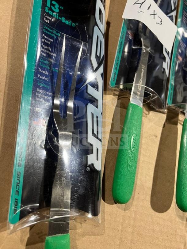 Dexter Russell Sani-Safe 13'' Cook's Fork, Model S121-PCP, stainless steel, green grip handle, new in packaging.