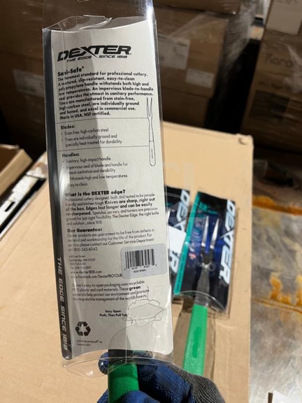 NEW Dexter Russell Sani-Safe Series 13'' Cook's Fork, Model S121-PCP, with green grip handle. Stainless steel.