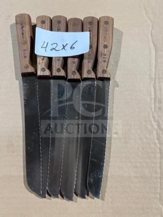 Dexter Russell stainless steel bread knife, model 628, with wooden grip. Features serrated blade. Includes multiple knives.