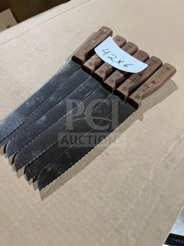 Dexter Russell bread knife set, model 628, stainless steel blades, wooden grip handles, good condition, 6-piece set.